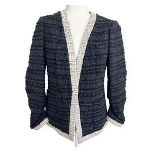 REBECCA TAYLOR NO FRONT BUTTONS Tailored Fringe Tweed Jacket  Navy SZ 8 EUC